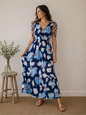 Jessica Simpson Navy Maxi Dress with Light Blue & White Floral Print